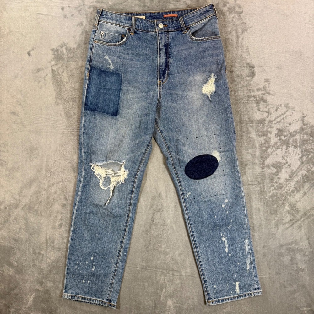 Pilcro The Borrowed Boyfriend Jeans Womens Sz 28 Blue Distressed Patchwork Denim